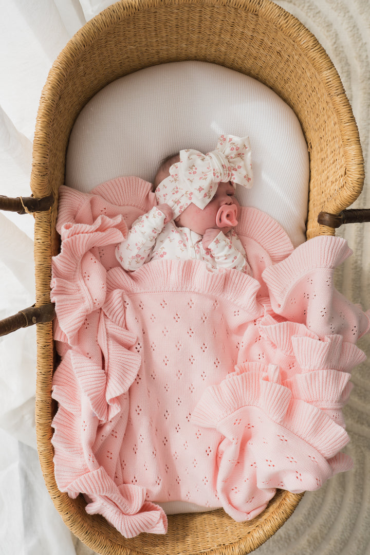 Frill Knit Baby Blanket | Baby Pink Pointelle *SEPTEMBER PRE-ORDER*