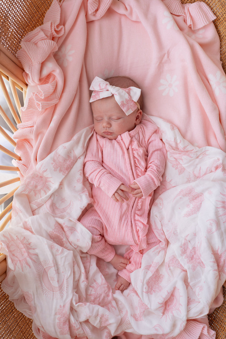Frill Zip Romper | Peony Rib Pointelle
