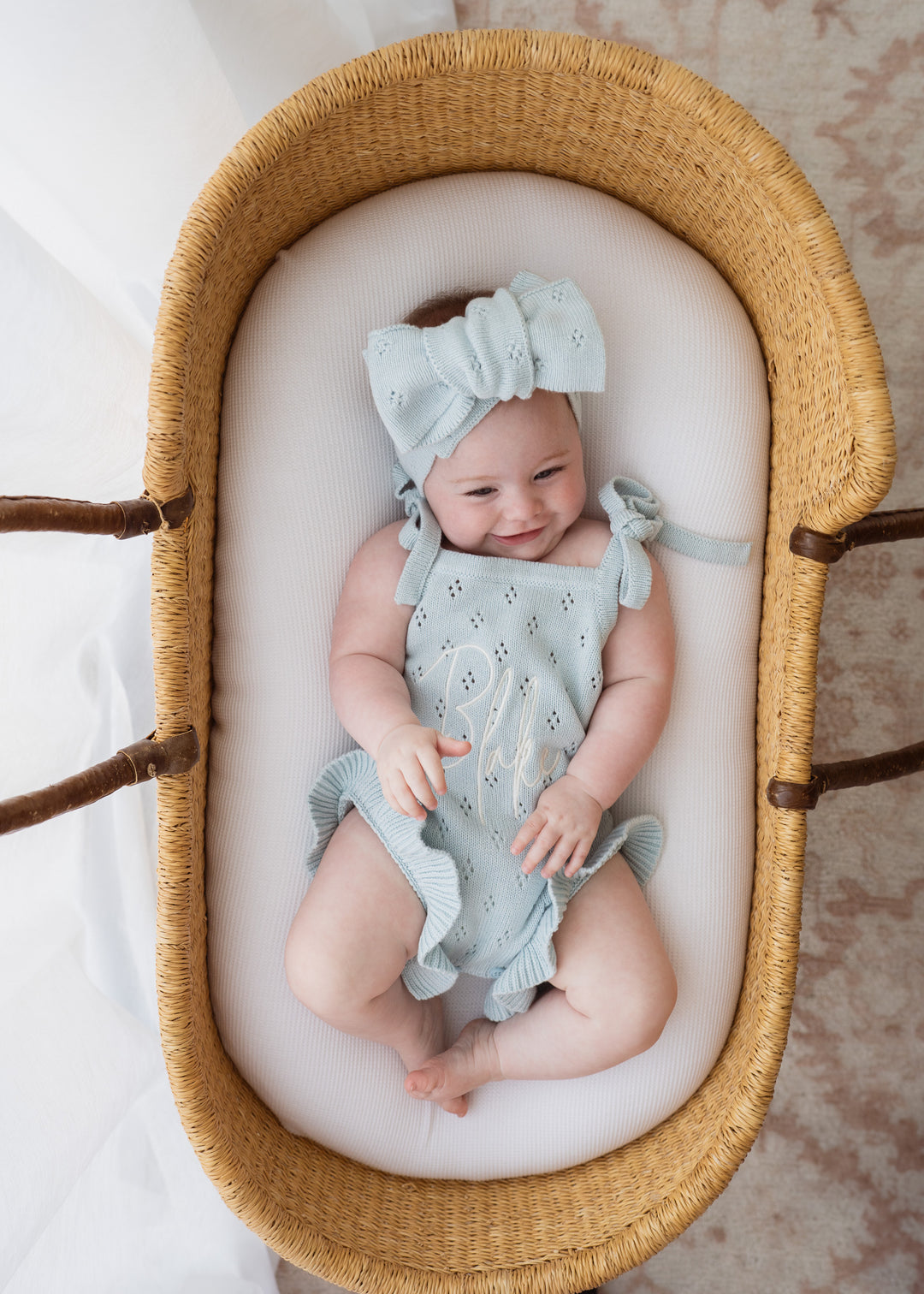Knit Tie Romper | Sky Blue Pointelle