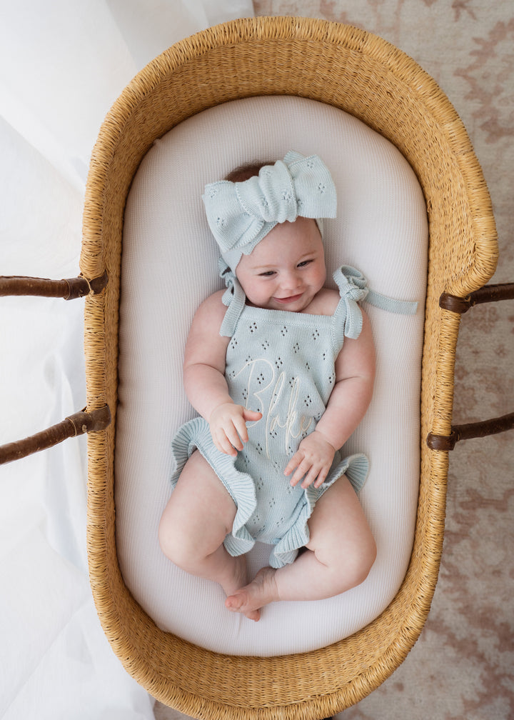 Knit Tie Romper | Sky Blue Pointelle