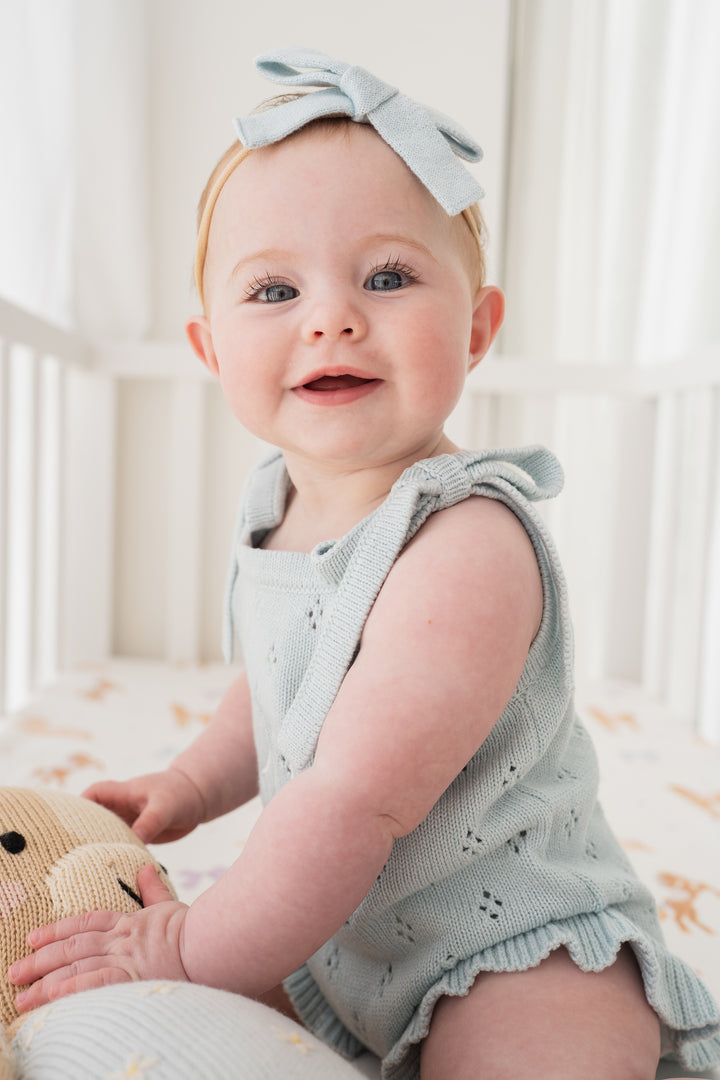 Knit Tie Romper | Sky Blue Pointelle