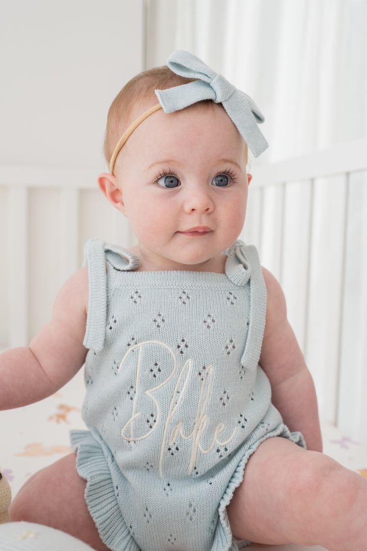 Knit Tie Romper | Sky Blue Pointelle