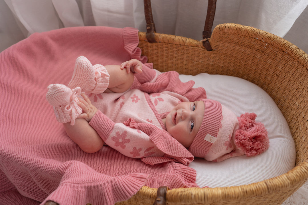 Knitted Pom Beanie | Daisy Floral Strawberry