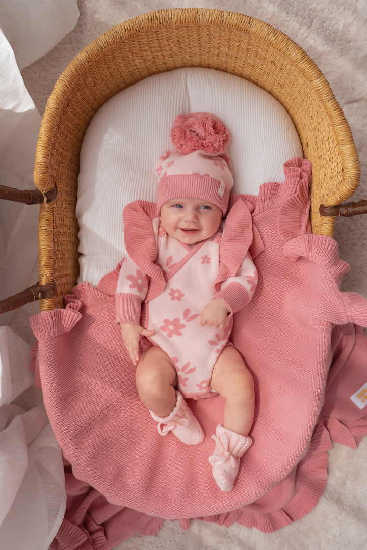 Knitted Pom Beanie | Daisy Floral Strawberry