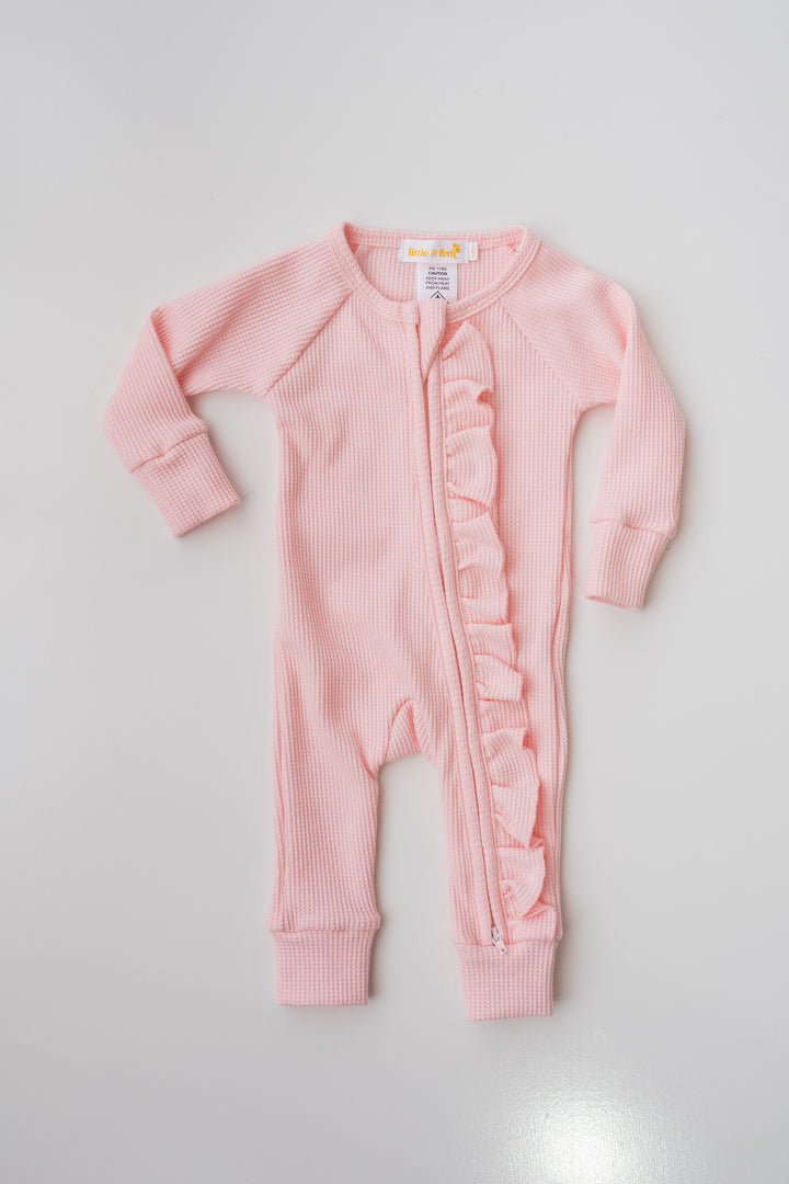 Frill Zip Romper | Baby Pink Waffle