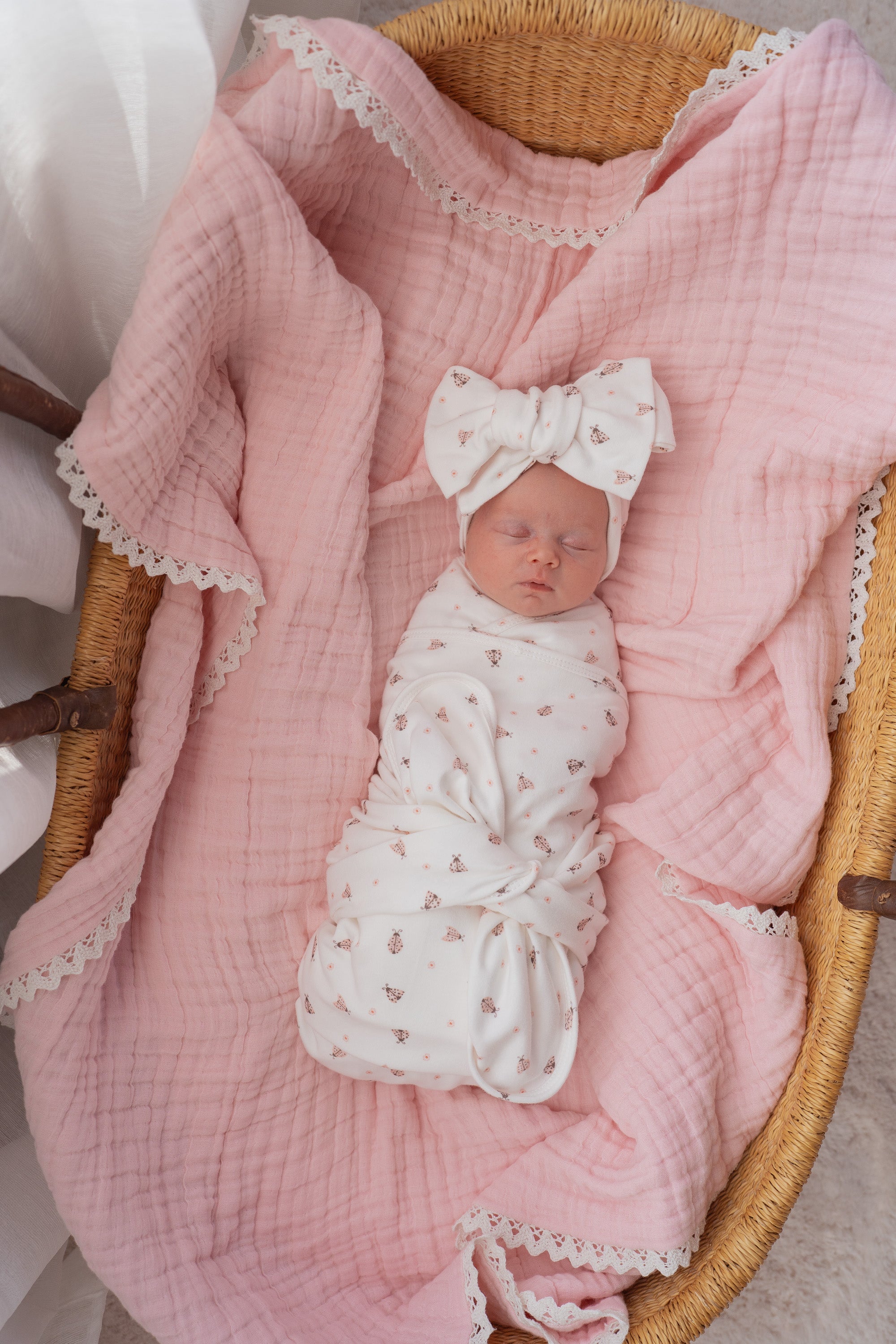 Pink Ladybug Cotton Jersey Baby Girl Swaddle | Little & Fern