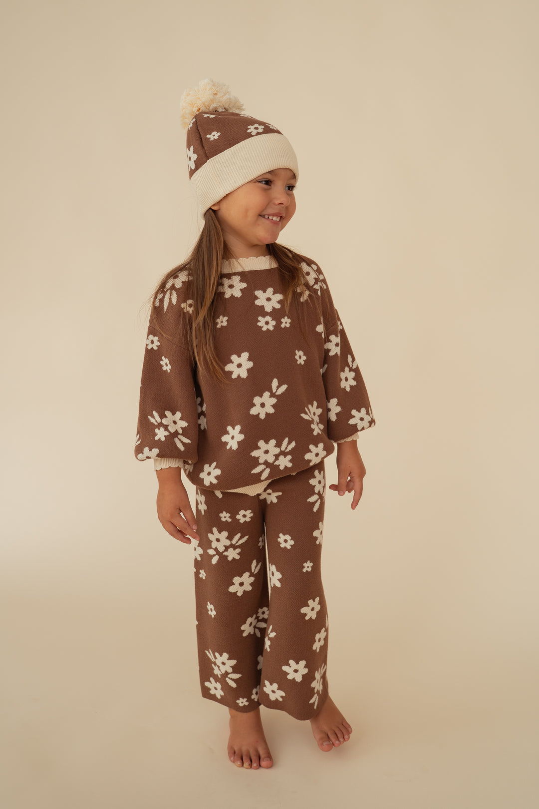 Knitted Pom Beanie | Daisy Floral Chocolate