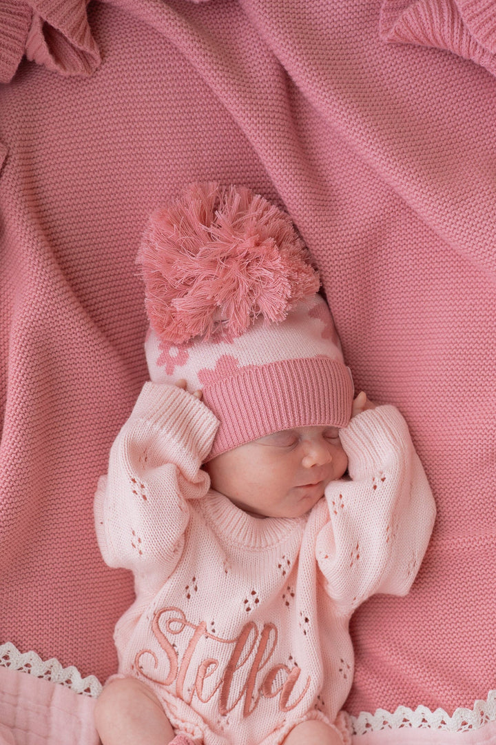 Knitted Pom Beanie | Daisy Floral Strawberry