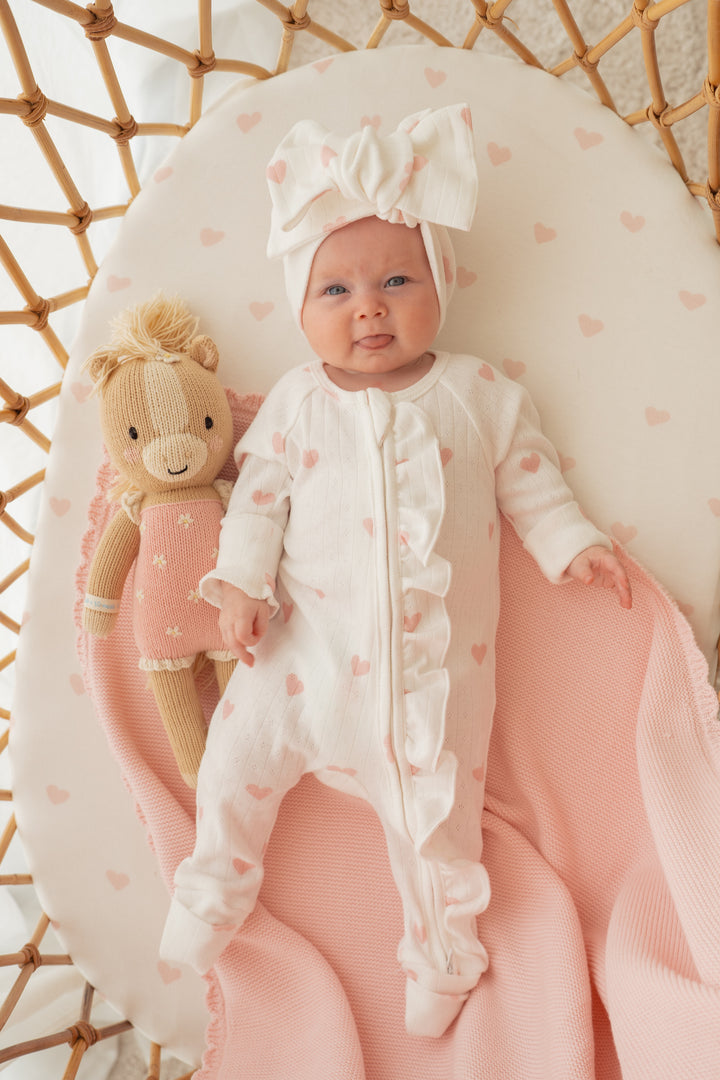 Essential Frill Zip Romper | Pink Hearts