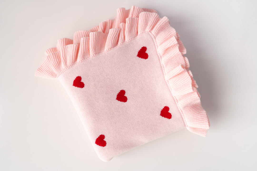 Frill Knit Blanket | Red Hearts