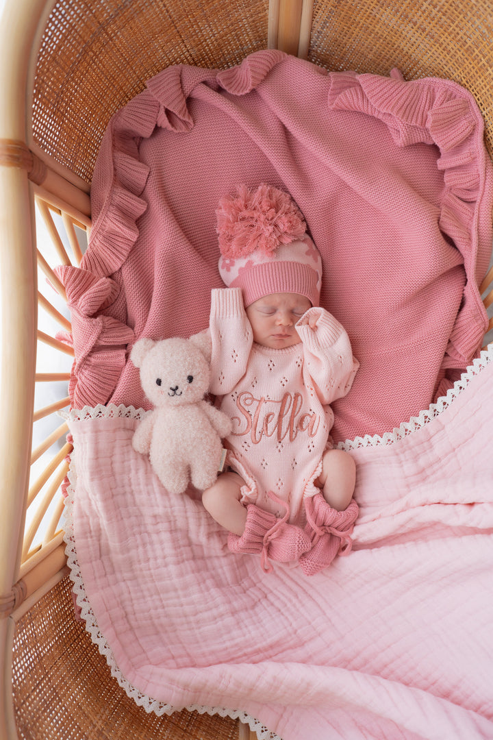 Frill Knit Pointelle Romper | Baby Pink