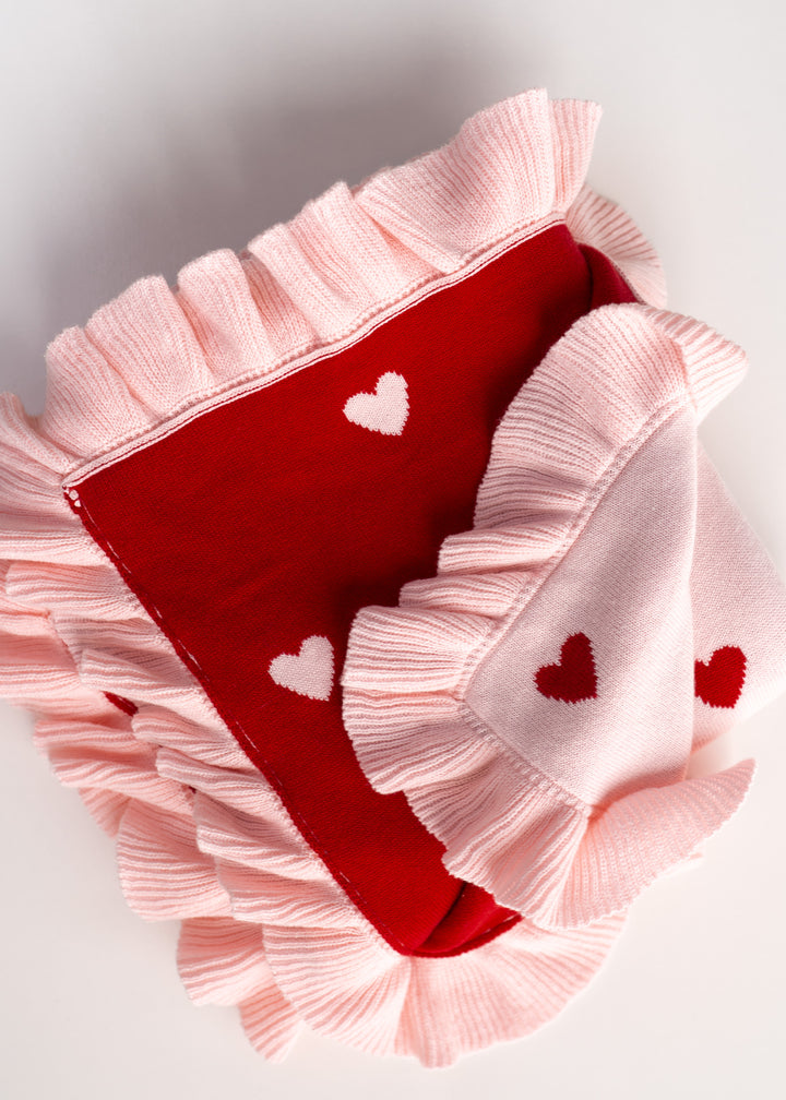 Frill Knit Blanket | Red Hearts
