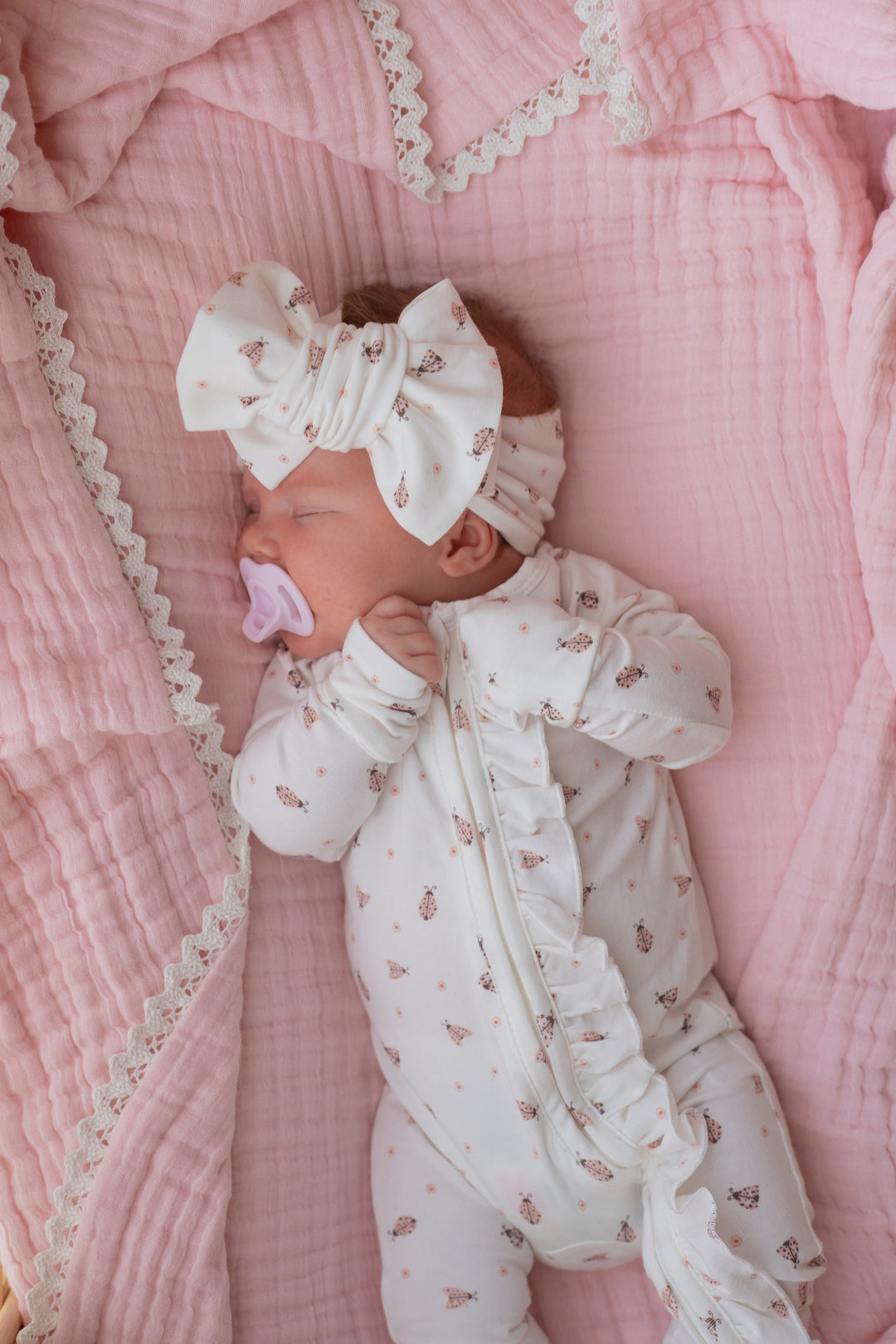 Frill Zip Romper | Pink Ladybug