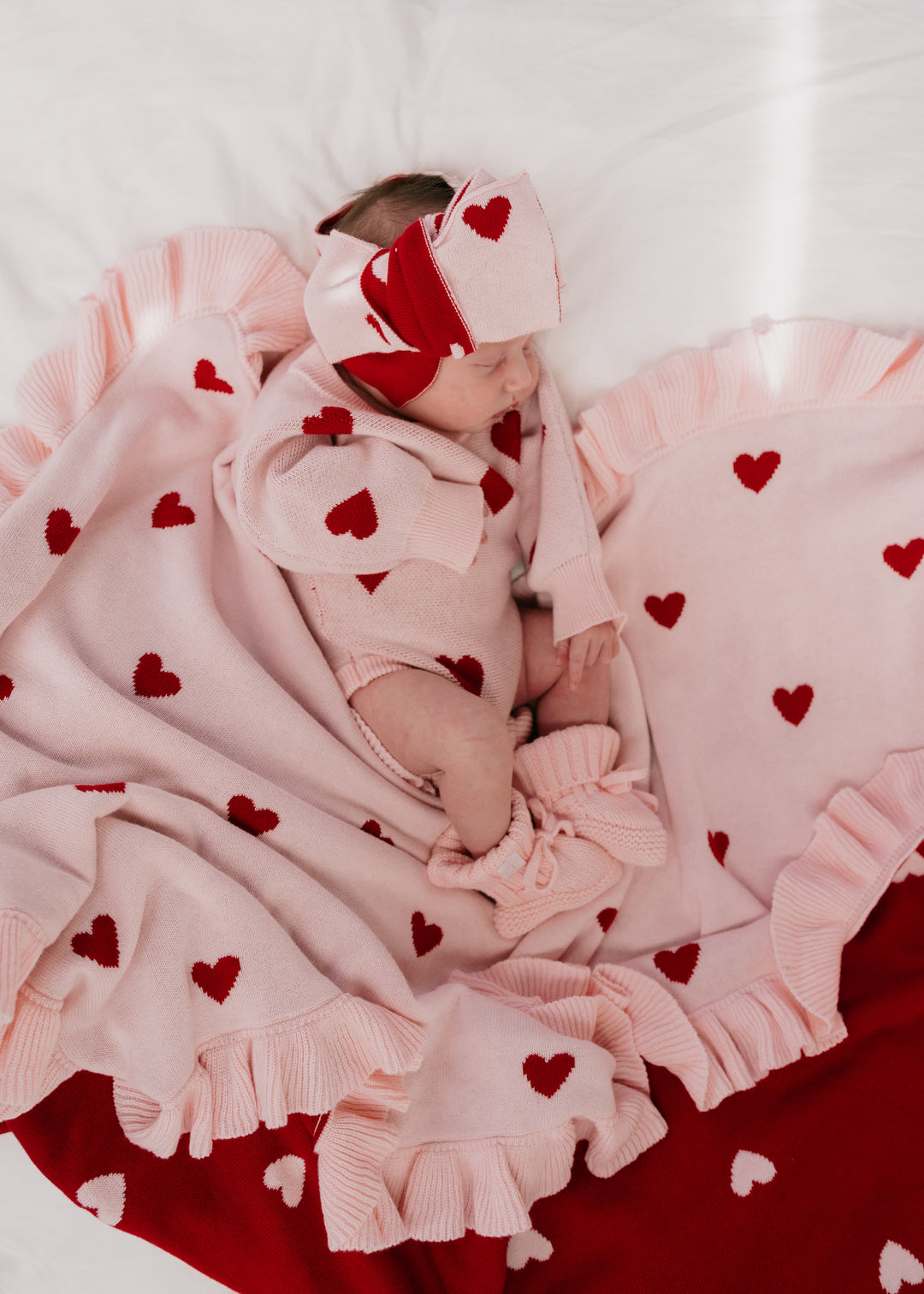 Frill Knit Blanket | Red Hearts