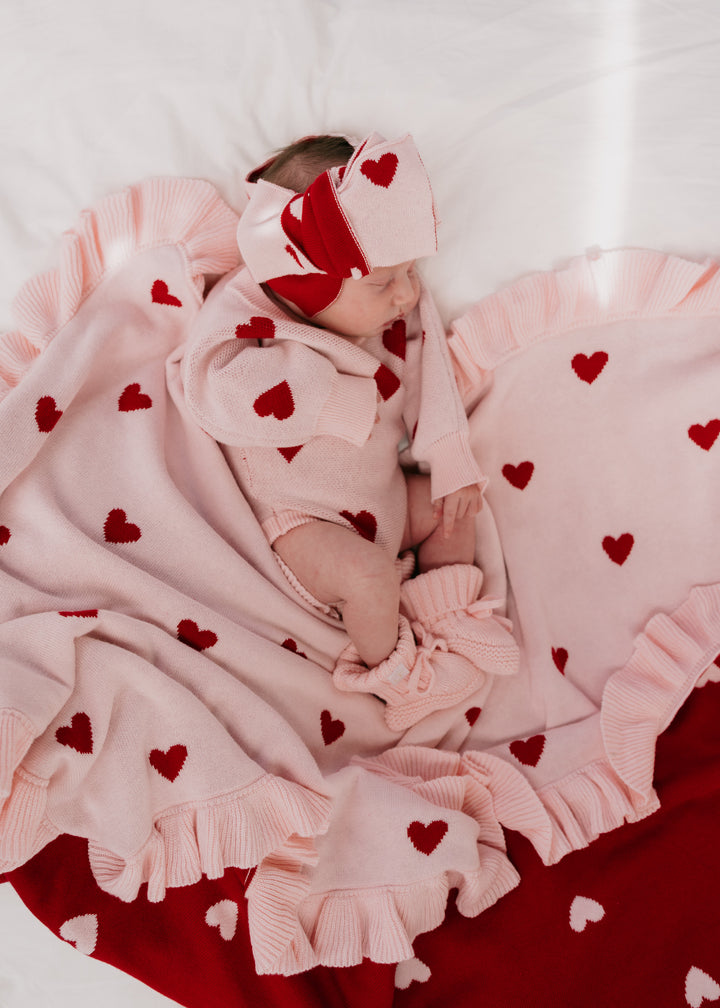 Frill Knit Blanket | Red Hearts