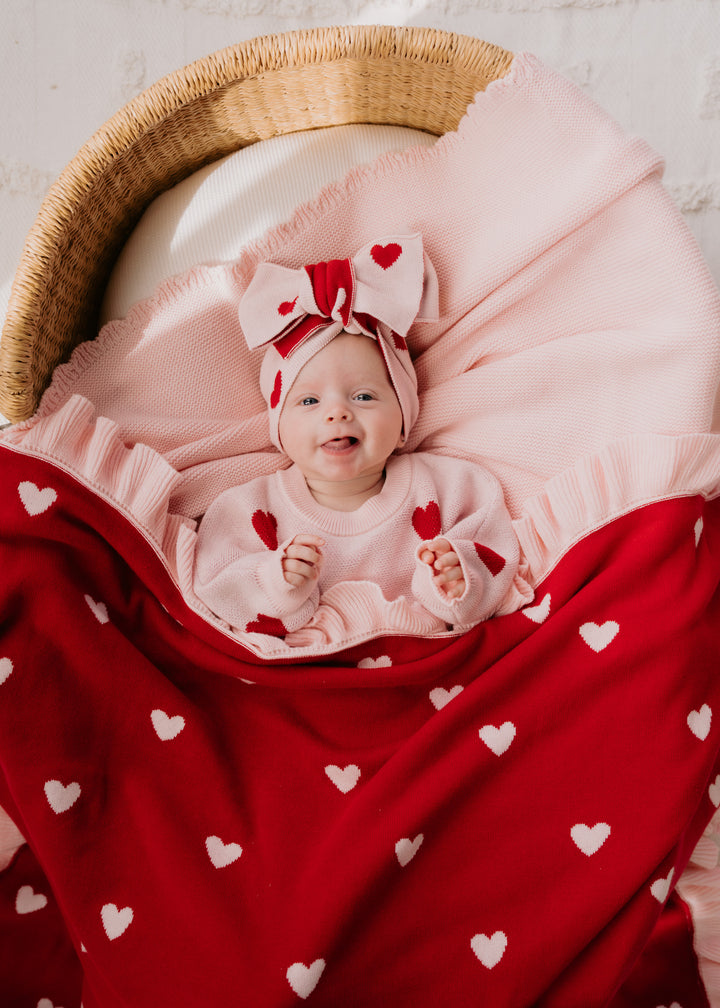 Frill Knit Blanket | Red Hearts