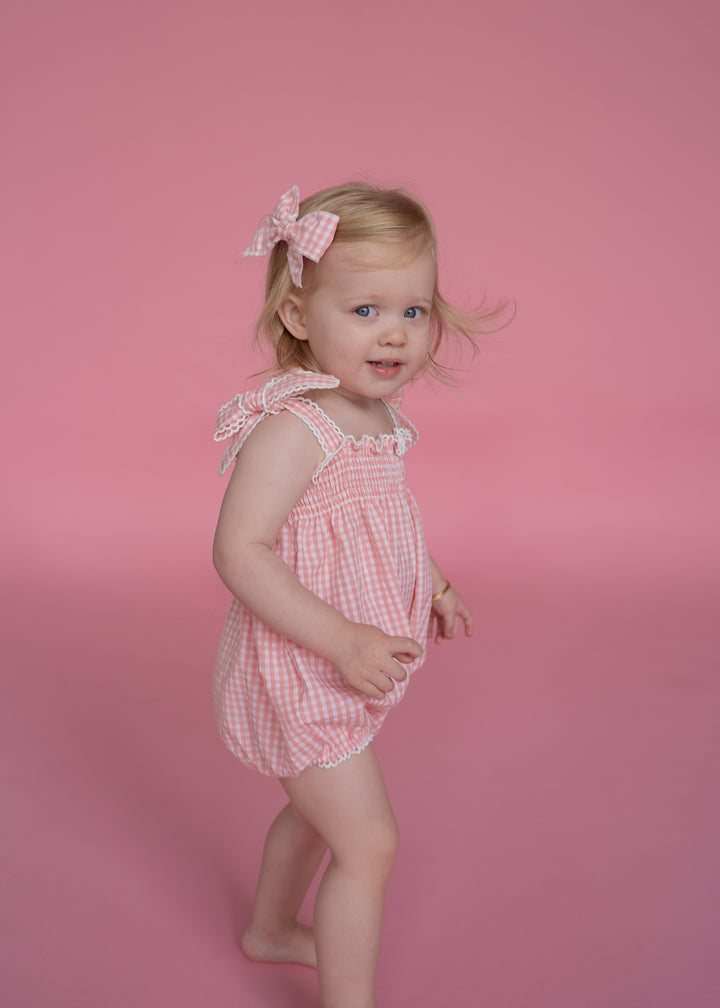 Tie Bubble Romper | Pink Gingham