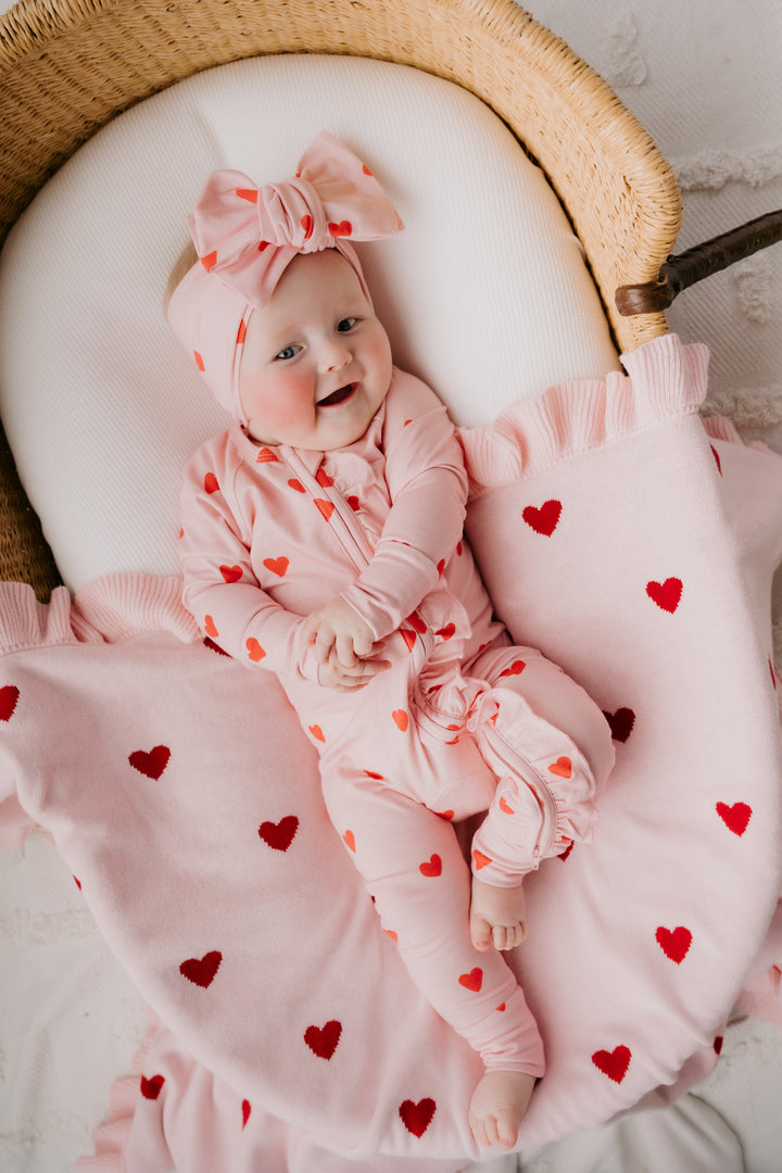 Frill Knit Blanket | Red Hearts