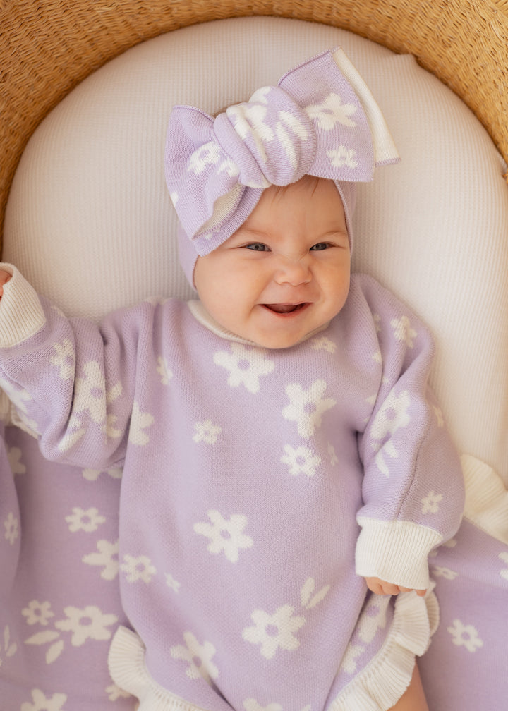 Knitted Oversized Topknot | Daisy Floral Lilac