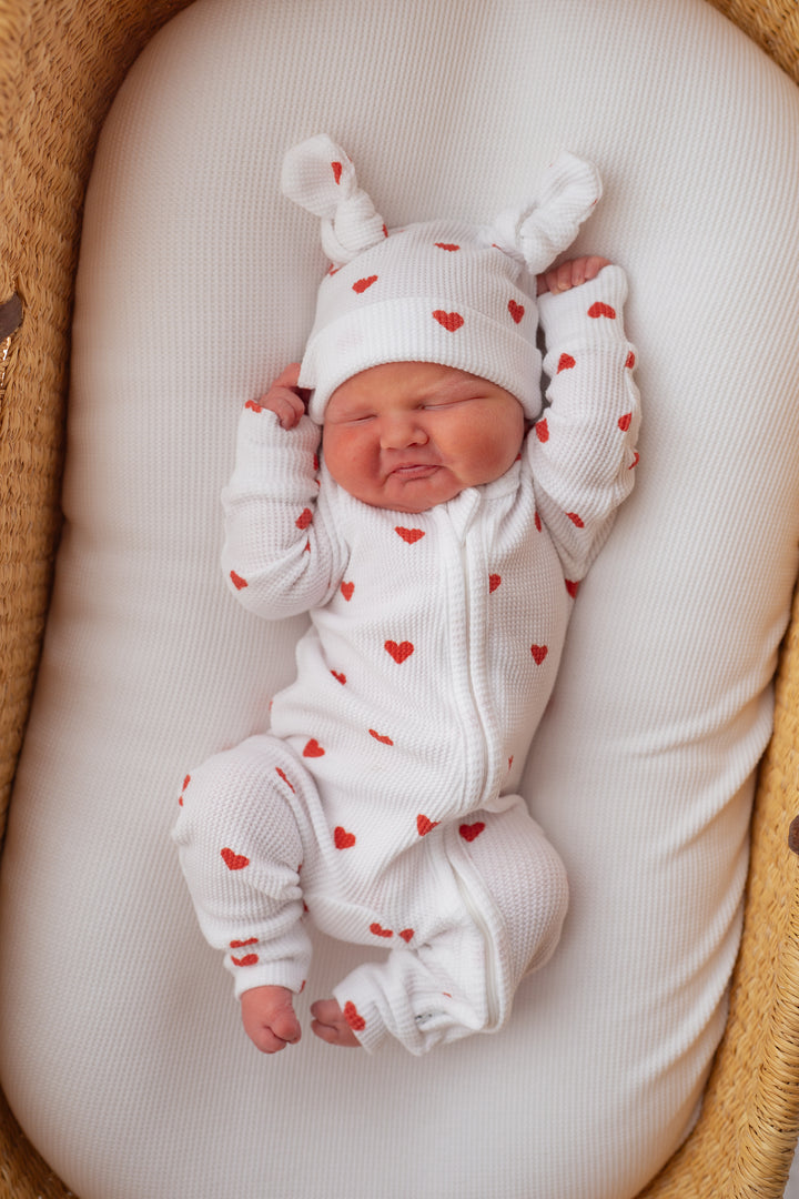 Zip Romper | Red Hearts Waffle (NO FRILL)