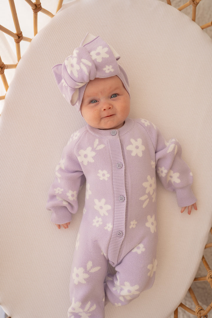 Knitted Oversized Topknot | Daisy Floral Lilac