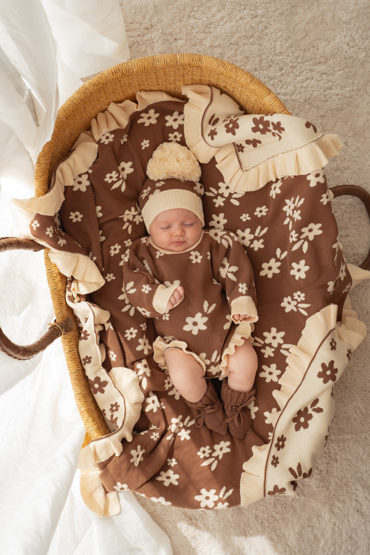 Frill Knit Blanket | Daisy Floral Chocolate