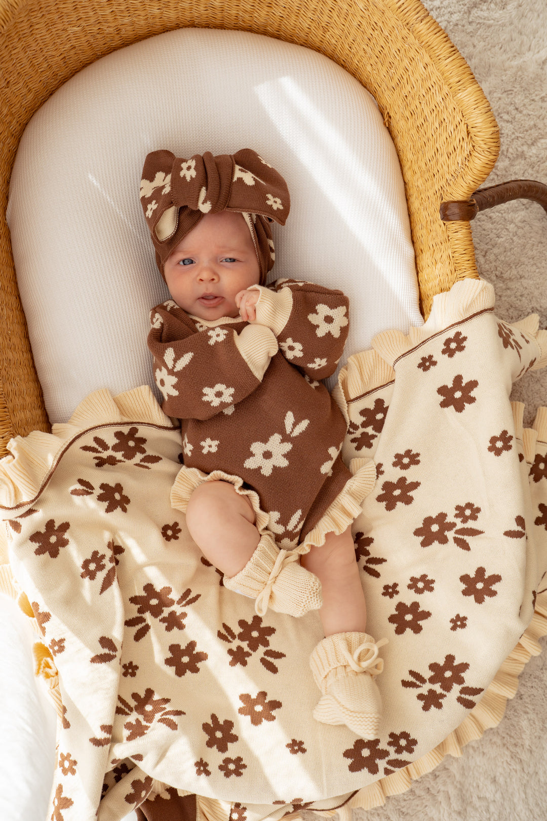 Frill Knit Blanket | Daisy Floral Chocolate