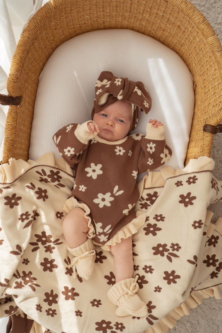 Knitted Oversized Topknot | Daisy Floral Chocolate