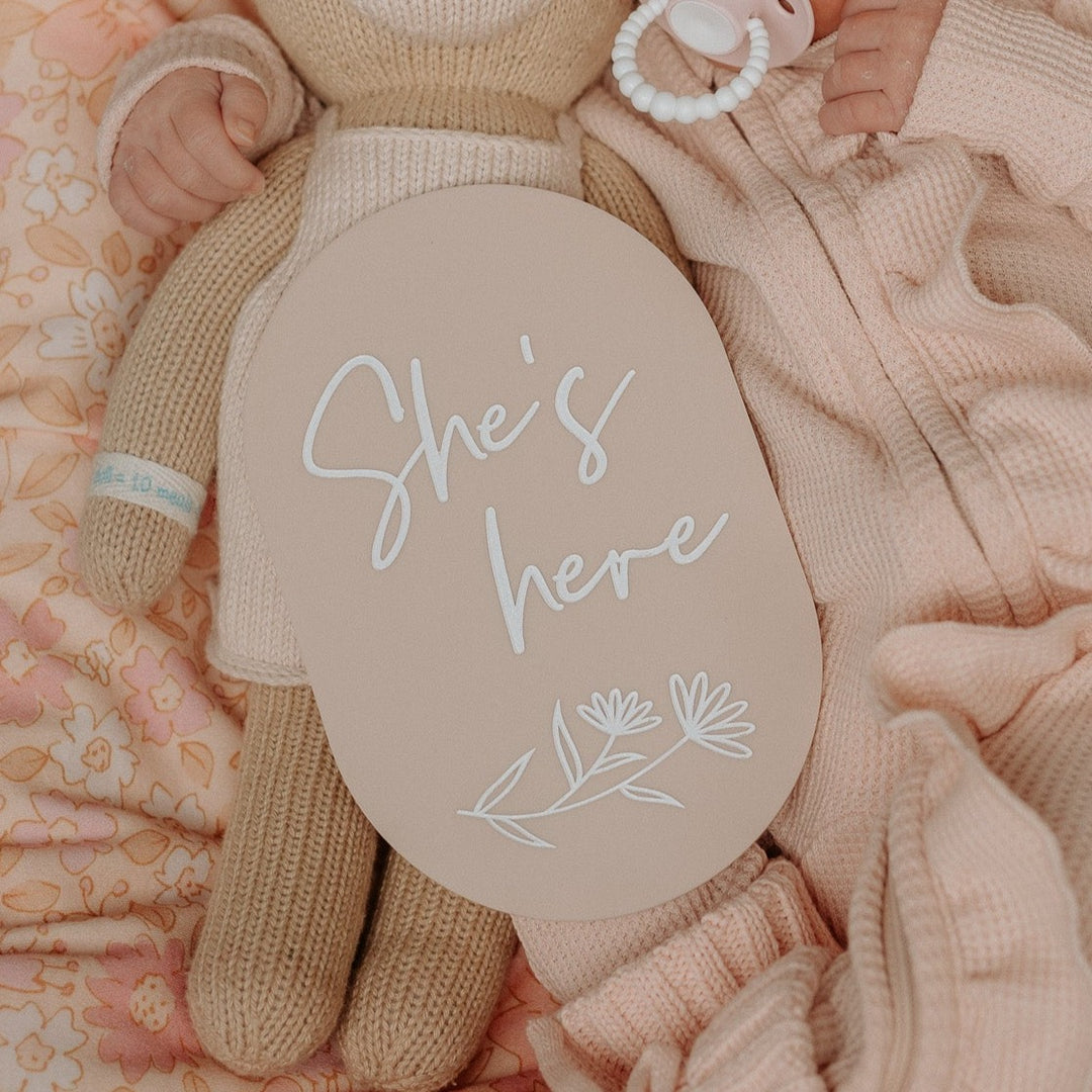 She’s Here | Acrylic Birth Announcement | Shell