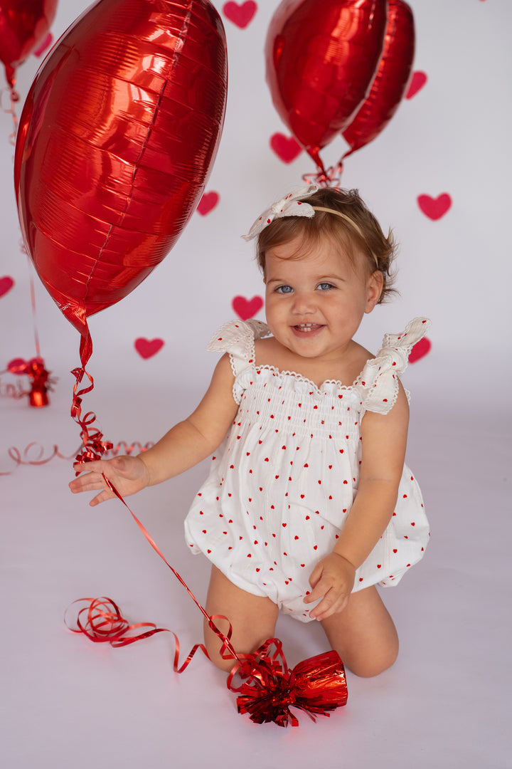 Tie Bubble Romper | Red Hearts Cotton