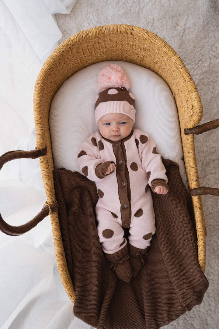 Knitted Pom Beanie | Choc Pink Polka