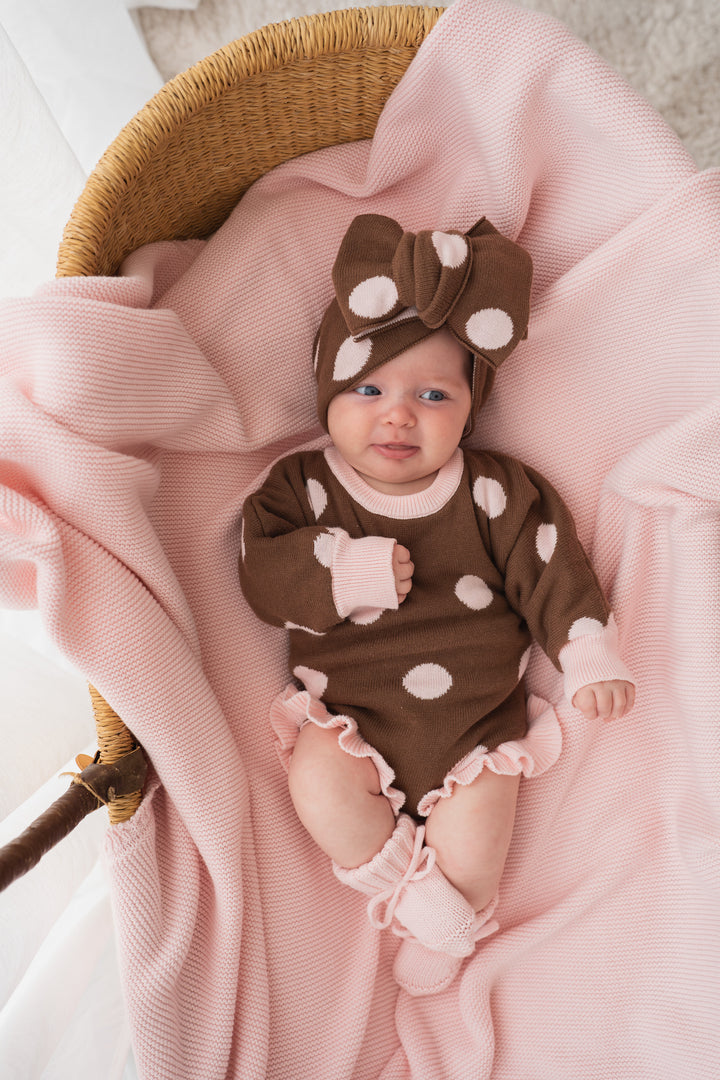Frill Knit Romper | Choc Pink Polka