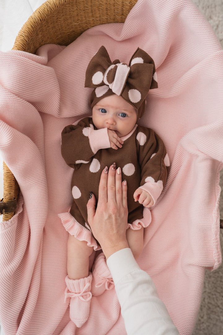 Frill Knit Romper | Choc Pink Polka
