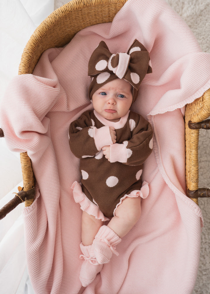 Frill Knit Romper | Choc Pink Polka