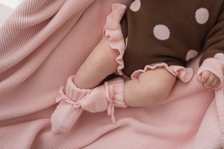 Frill Knit Romper | Choc Pink Polka