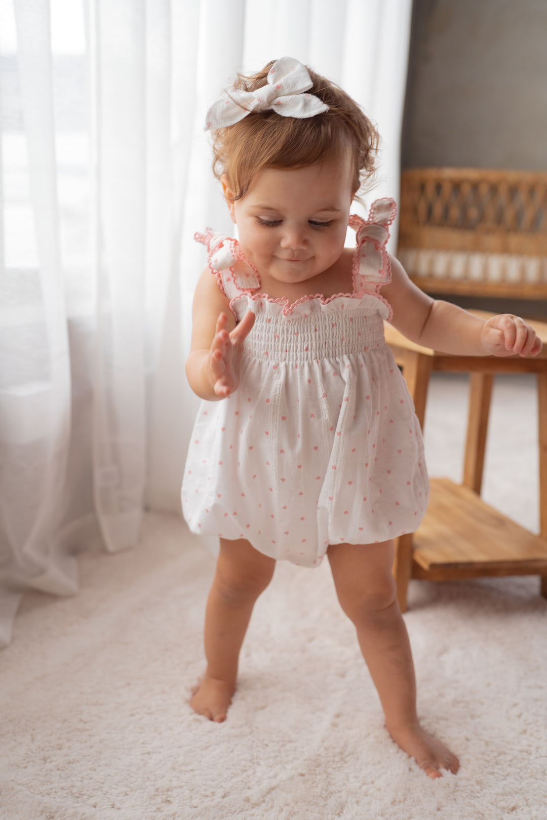 Tie Bubble Romper | Pink Hearts Cotton