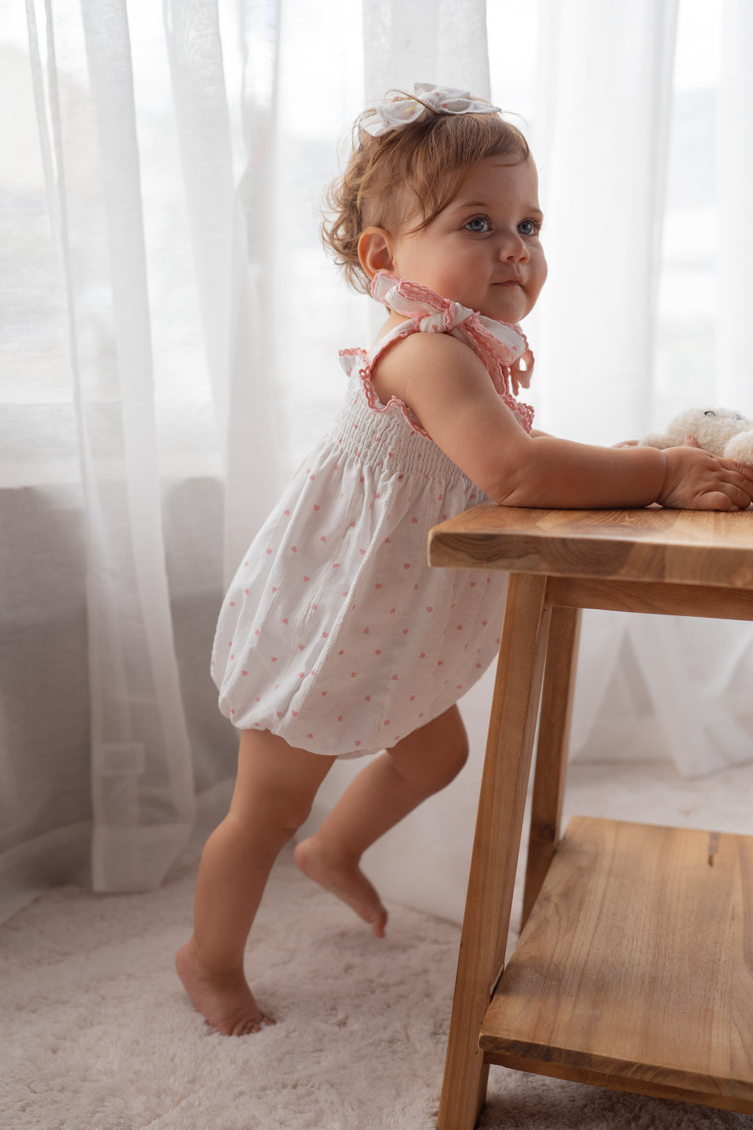 Tie Bubble Romper | Pink Hearts Cotton