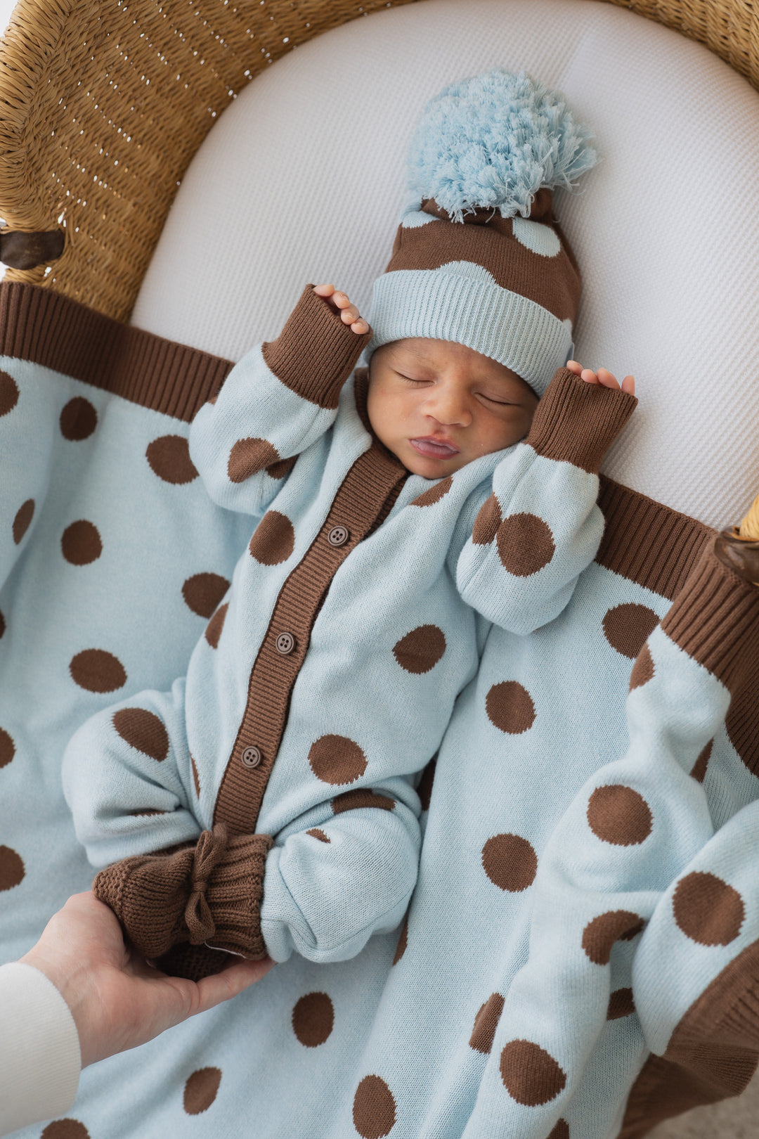 Knitted Pom Beanie | Choc Blue Polka