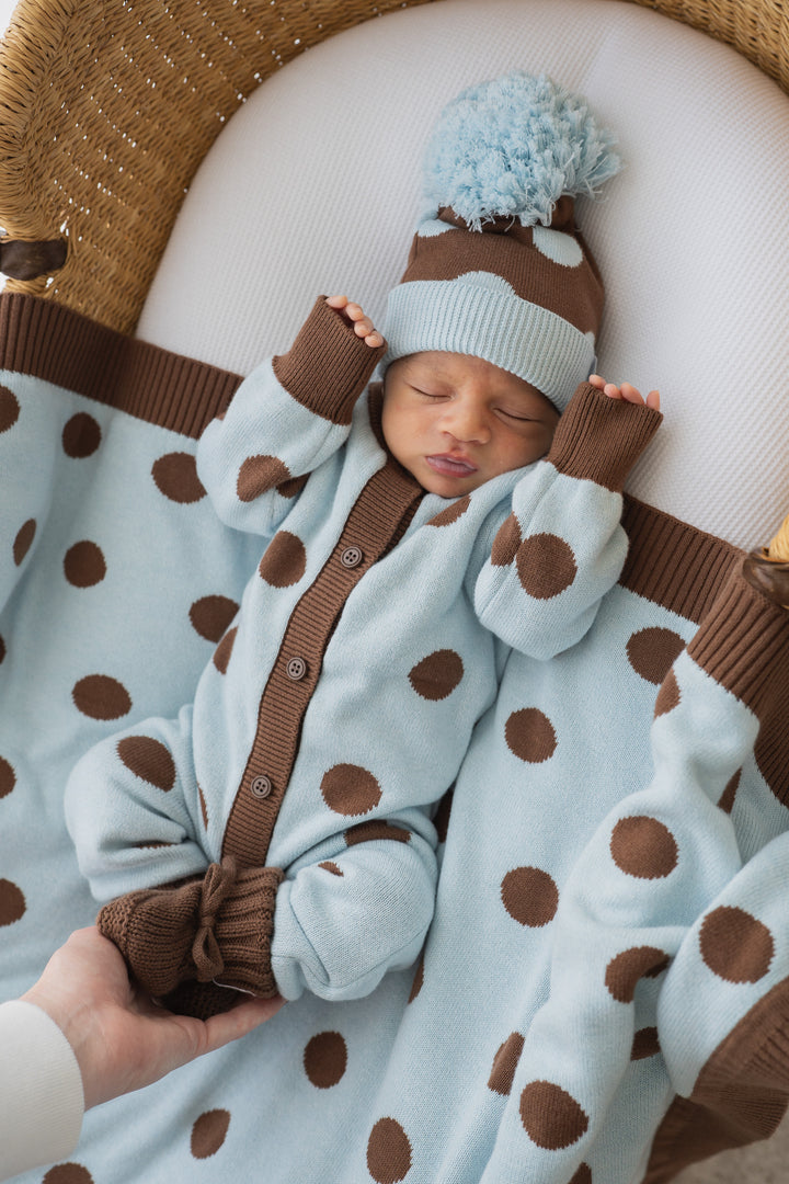 Knitted Pom Beanie | Choc Blue Polka