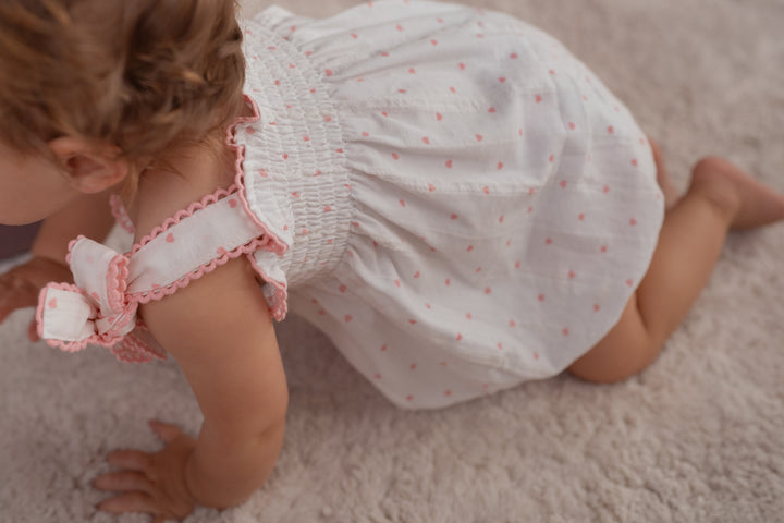 Tie Bubble Romper | Pink Hearts Cotton