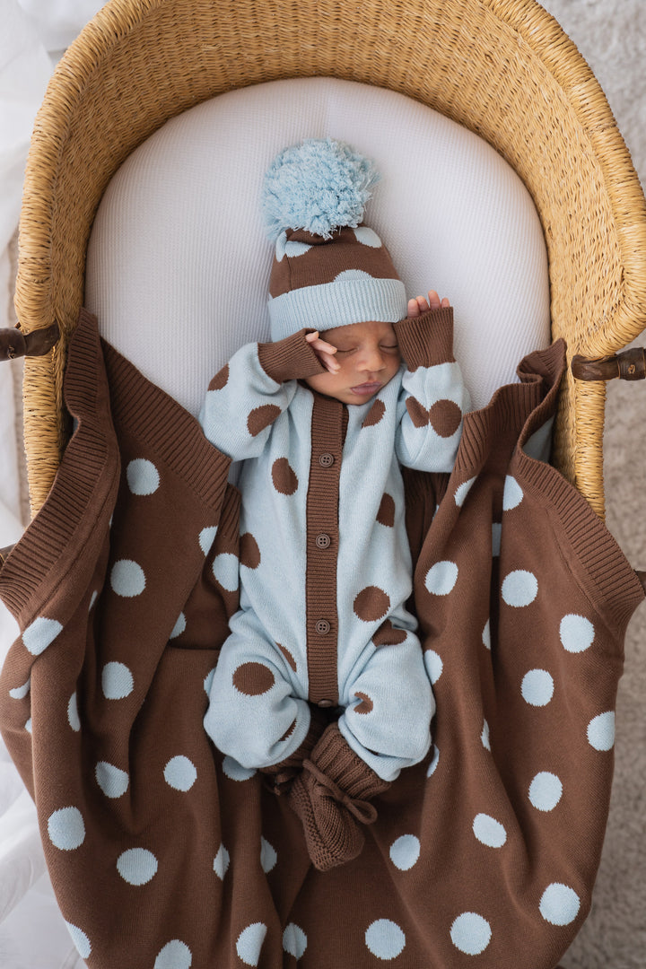 Knit Blanket | Choc Blue Polka