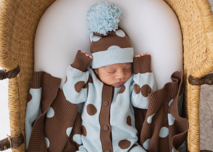 Knitted Pom Beanie | Choc Blue Polka
