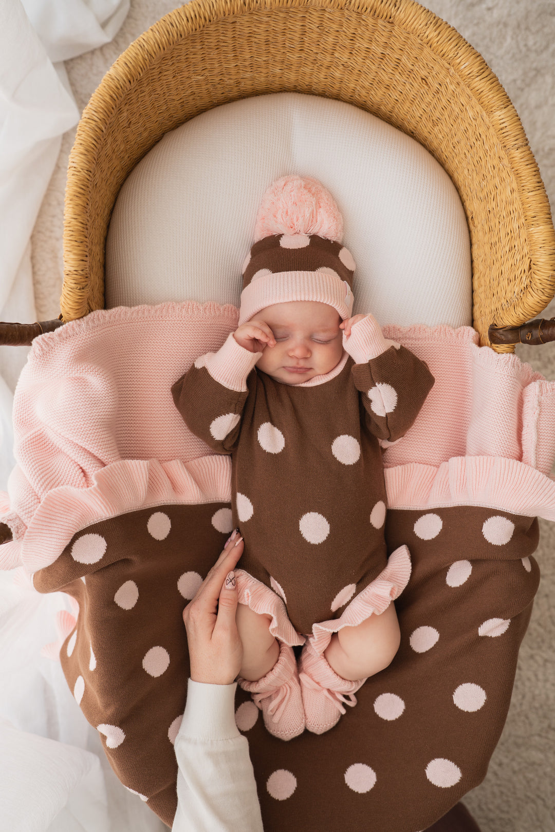 Frill Knit Blanket | Choc Pink Polka