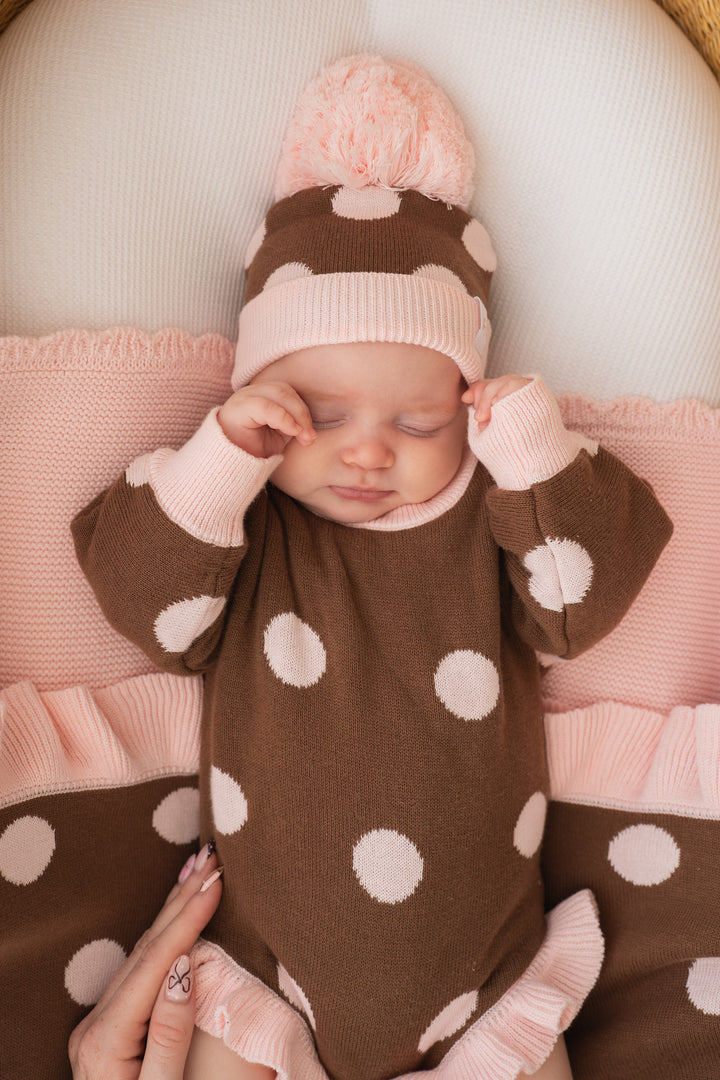 Knitted Pom Beanie | Choc Pink Polka