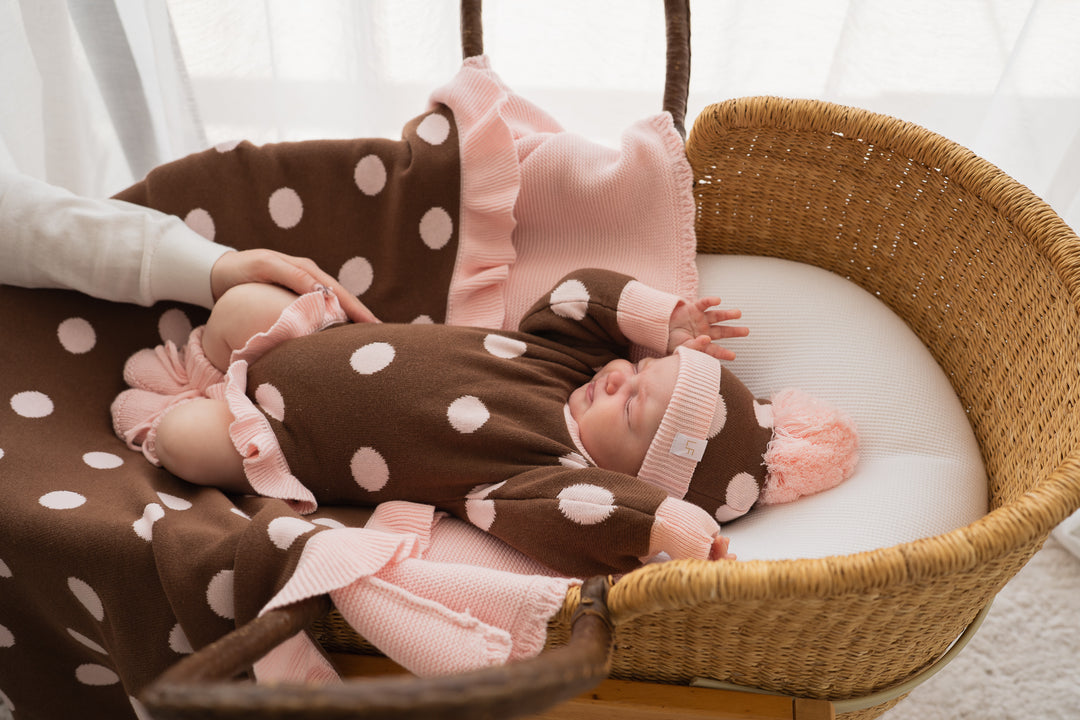 Frill Knit Romper | Choc Pink Polka