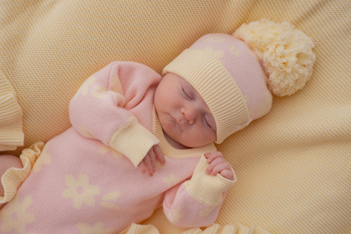 Knitted Pom Beanie | Daisy Floral Lemon