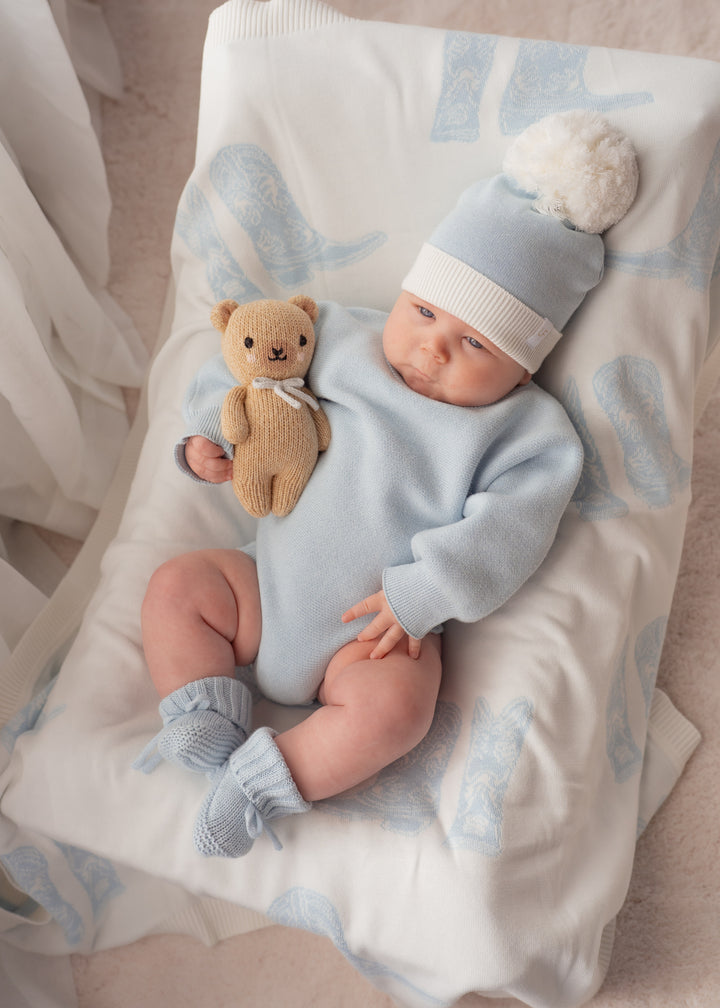 Knitted Pom Beanie |  Sky Blue Duo Tone