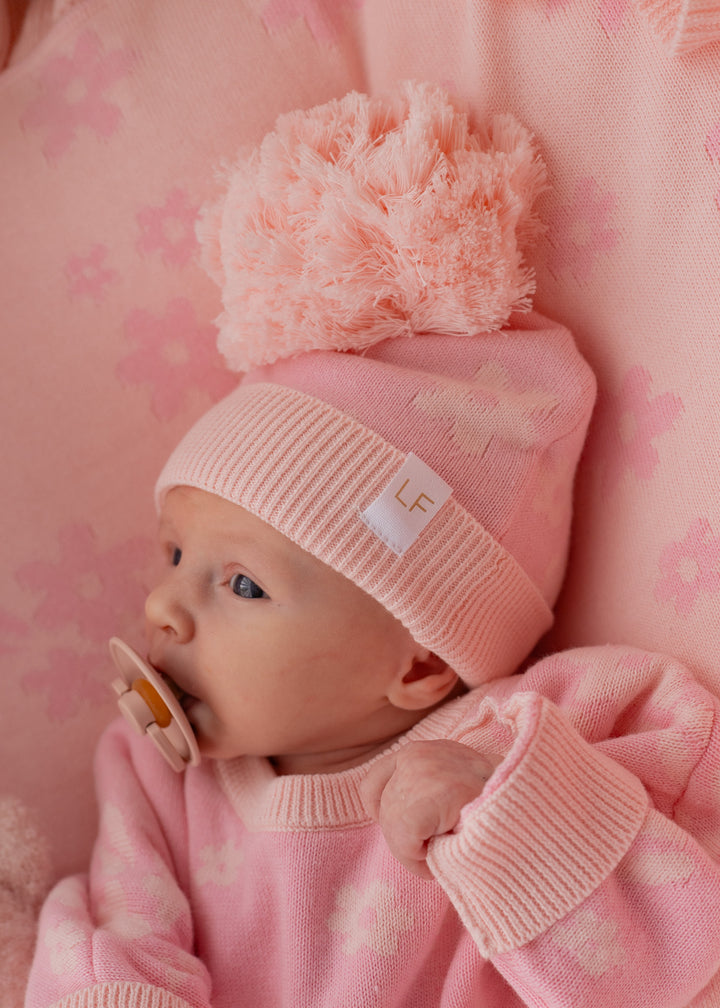 Knitted Pom Beanie | Daisy Pink Floral