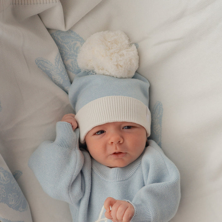 Knitted Pom Beanie |  Sky Blue Duo Tone