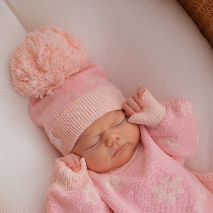 Knitted Pom Beanie | Daisy Pink Floral